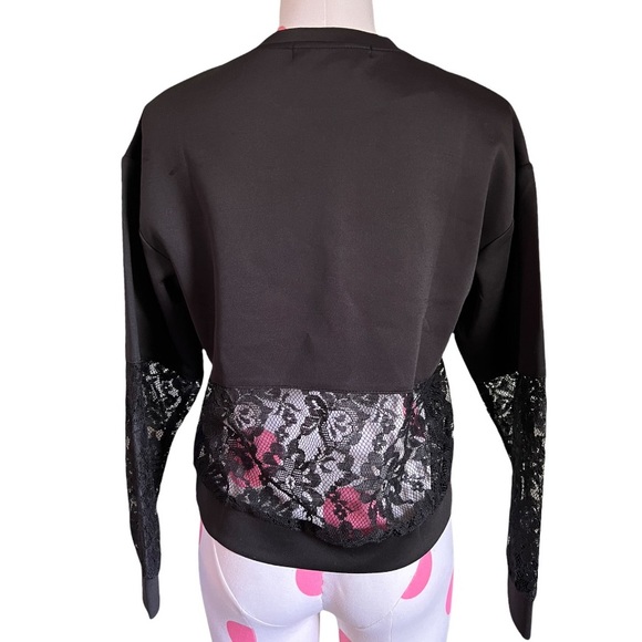 Sheer Lace Panel Silky Puff Sleeve Blouse Black Small Pomelo. - Picture 3 of 9